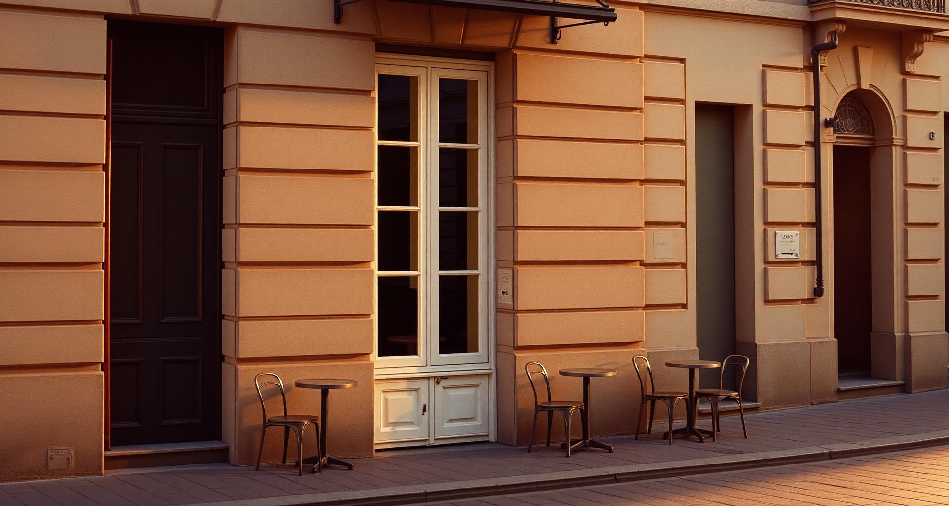 A quiet European street at golden hour with café tables outside a stone building