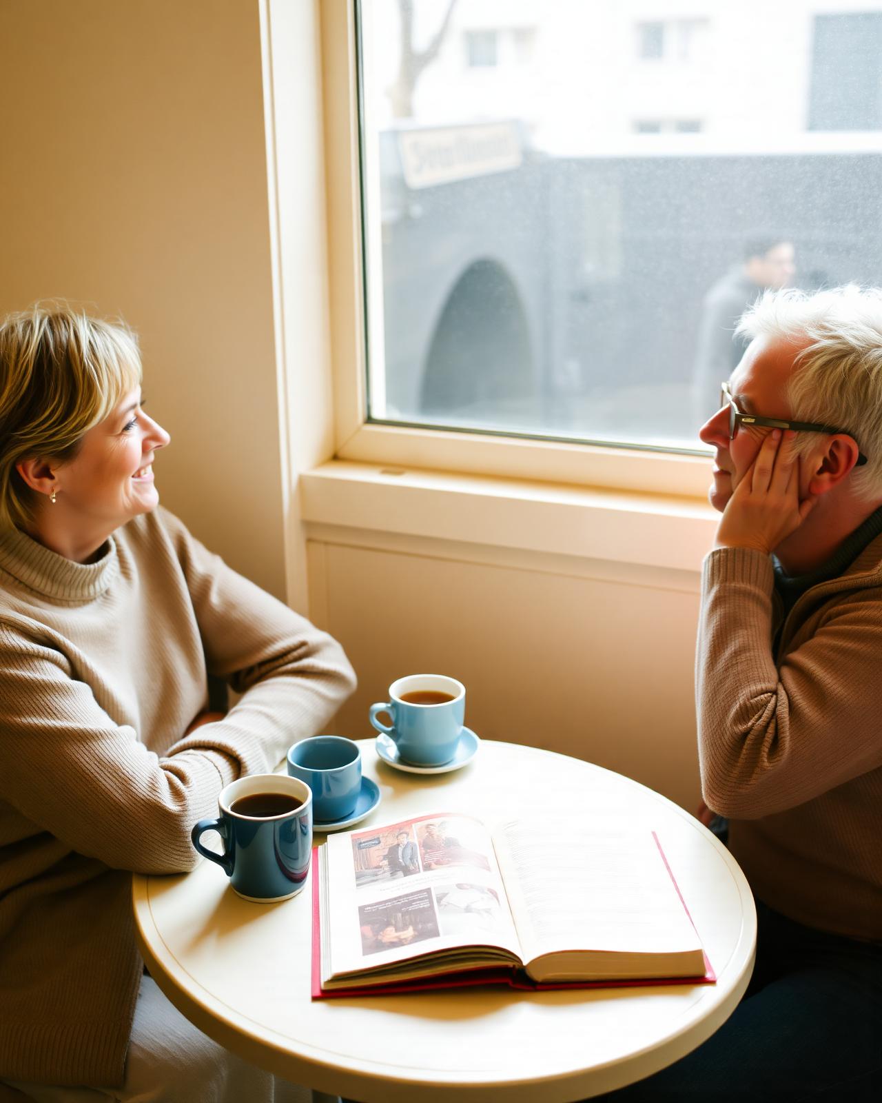 Two adults enjoying a relaxed French conversation over coffee at a café table